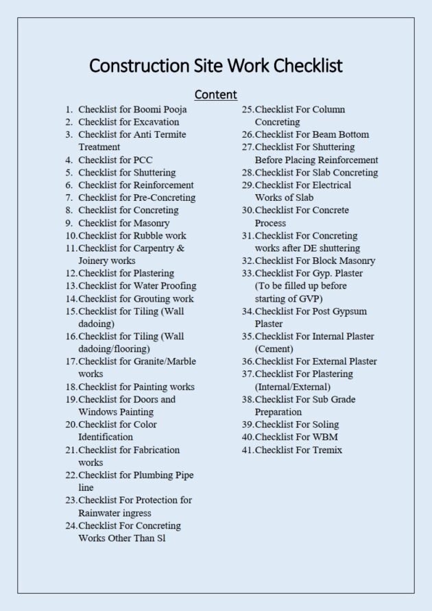 Construction Work Checklist content