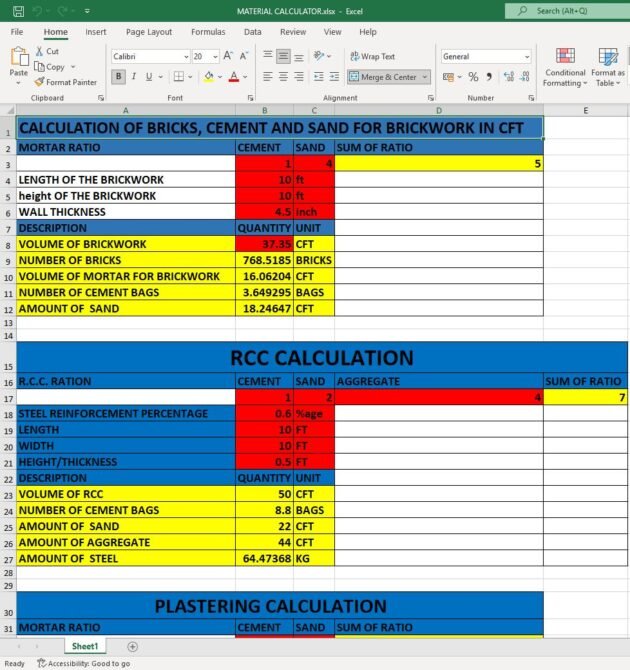 Construction Material Calculator Excel Sheet