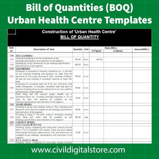 Bill of Quantities BOQ Urban Health Centre Templates