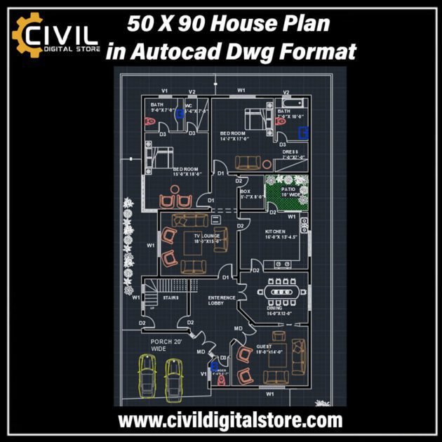 50 X 90 House Plan in Autocad Dwg Format